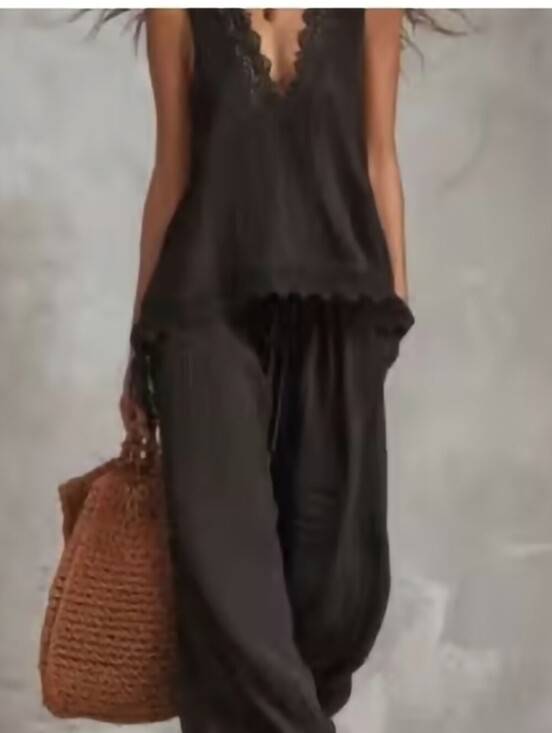 Pants - Black Lace-Trim 2 Piece Outfit Women's Relaxed Fit
